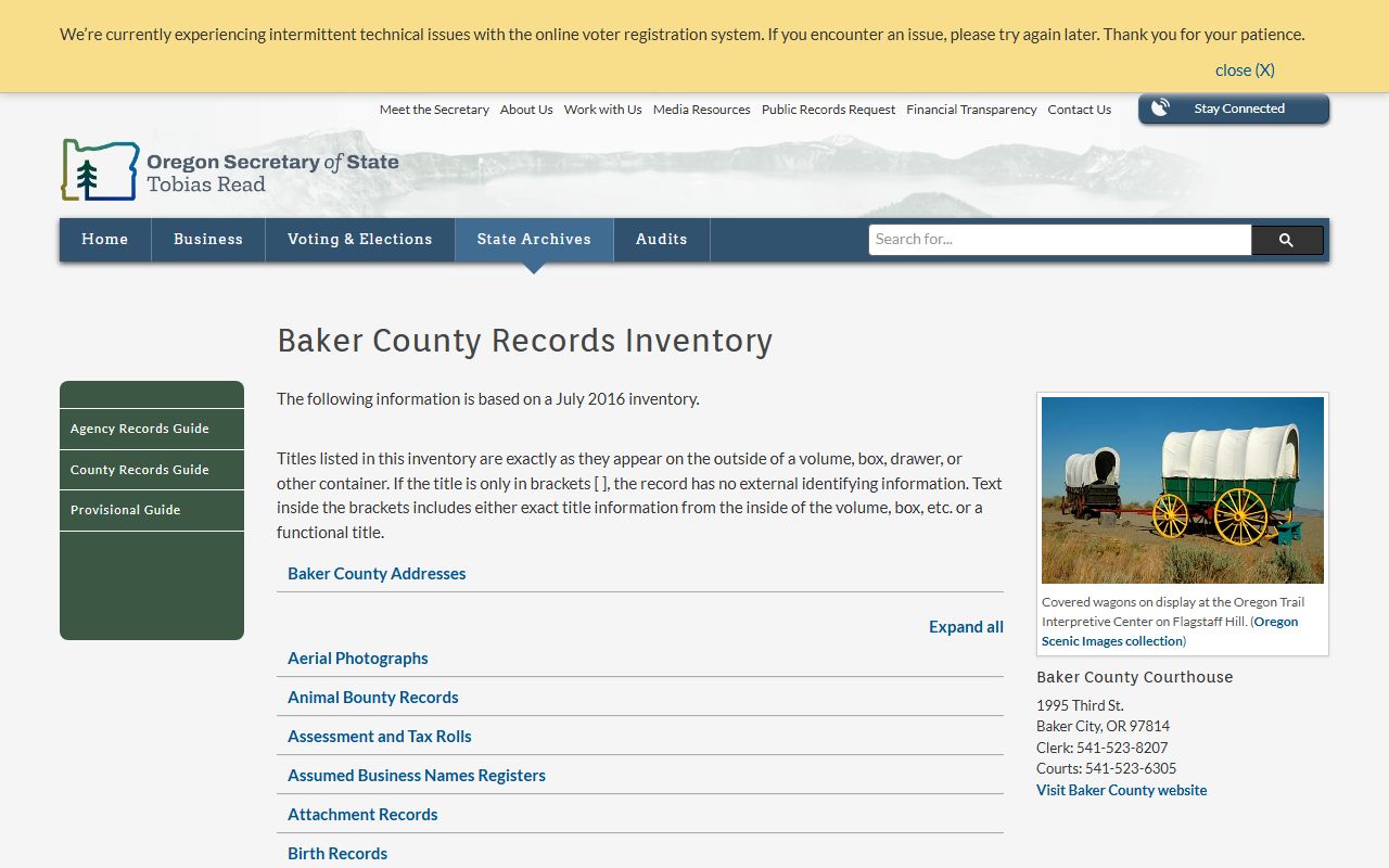 Oregon State Archives Baker County obituary and vital records inventory