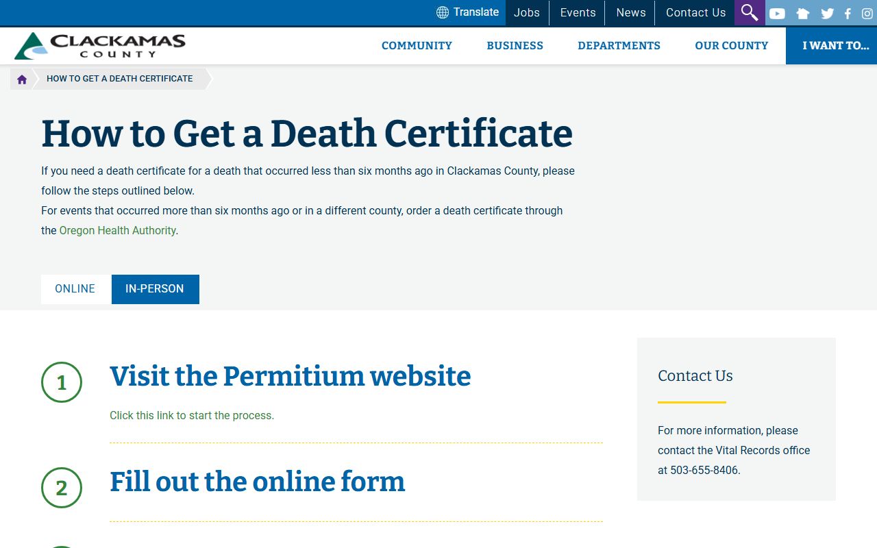 Clackamas County death certificate page for obituary and vital records