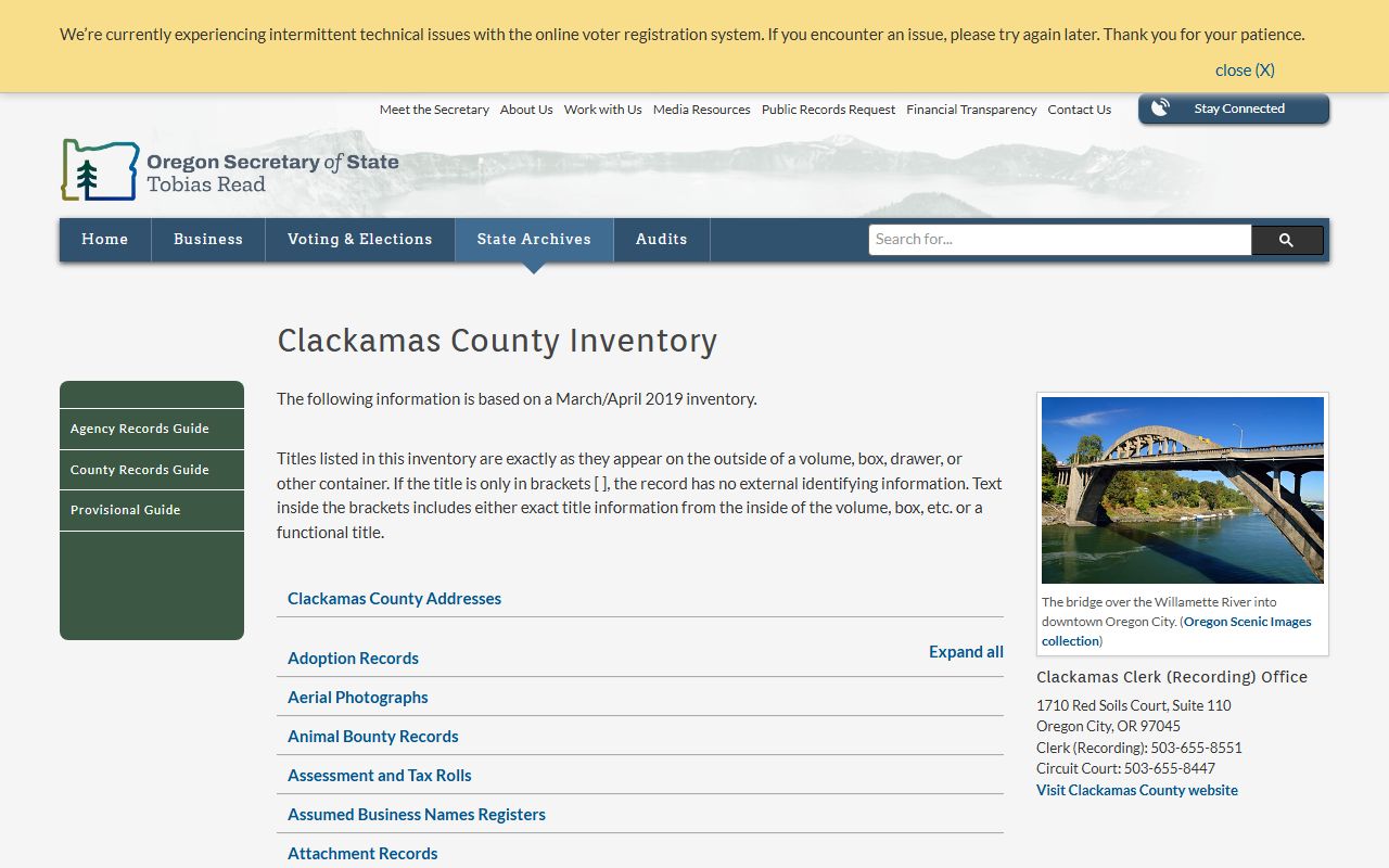 Oregon State Archives Clackamas County obituary and vital records inventory