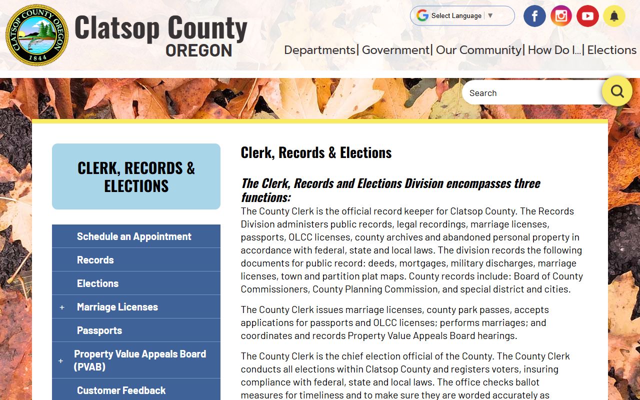 Clatsop County Clerk office page for obituary and vital records services