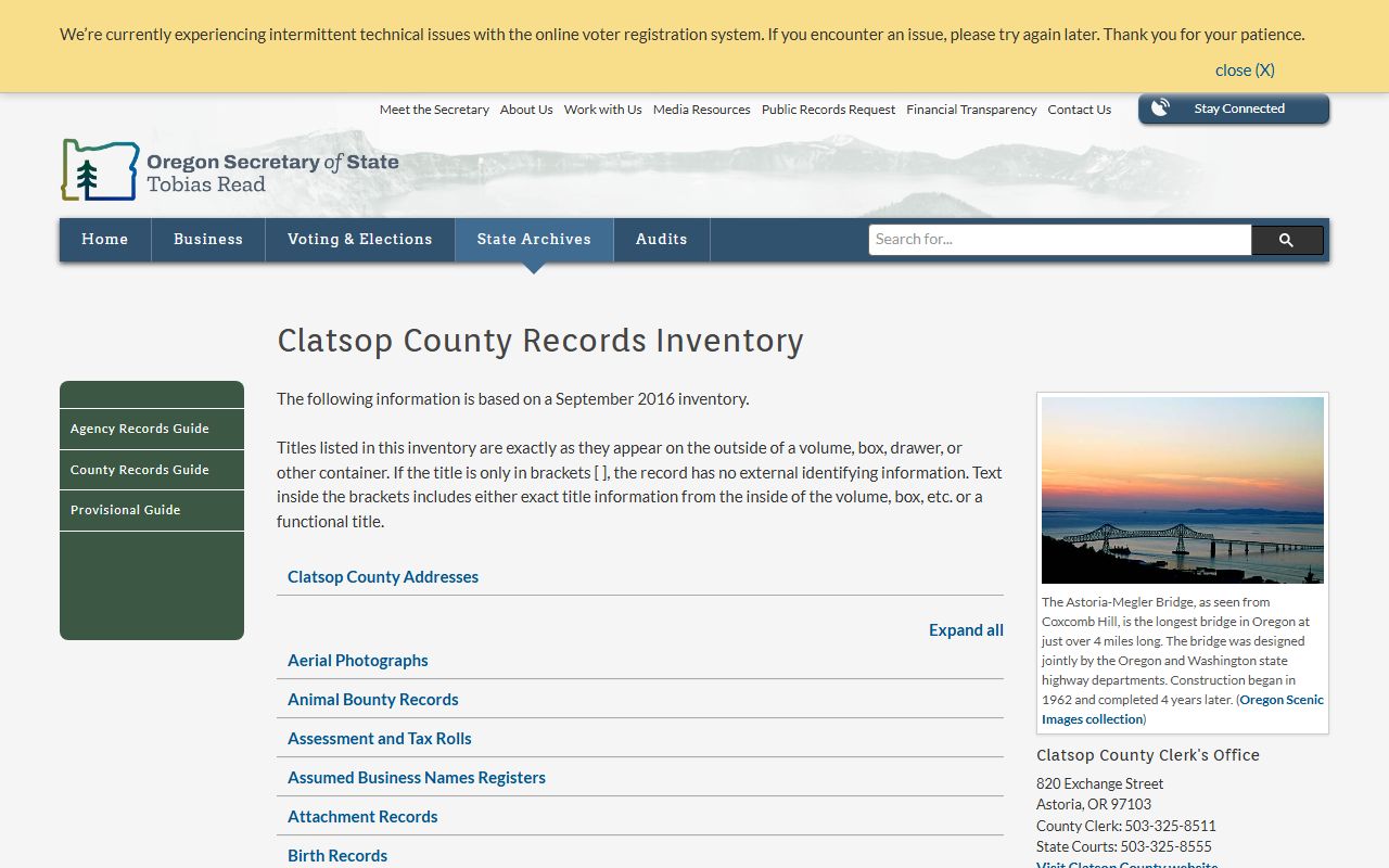 Oregon State Archives Clatsop County obituary and vital records inventory
