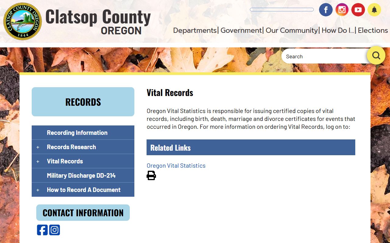 Clatsop County vital records page for obituary and death certificate information