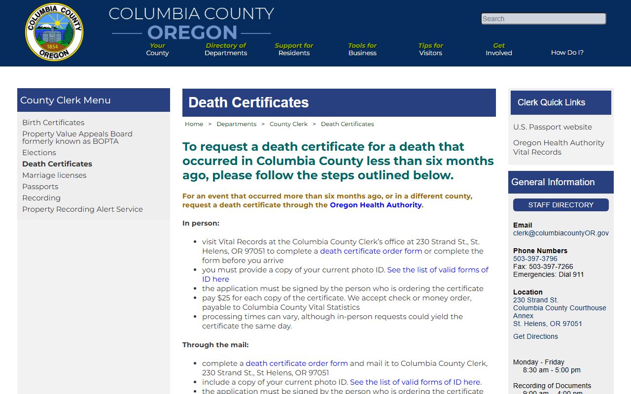 Columbia County death certificates obituary records