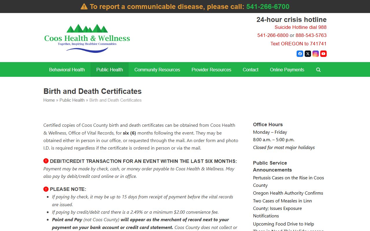 Coos County obituary vital records birth and death certificates