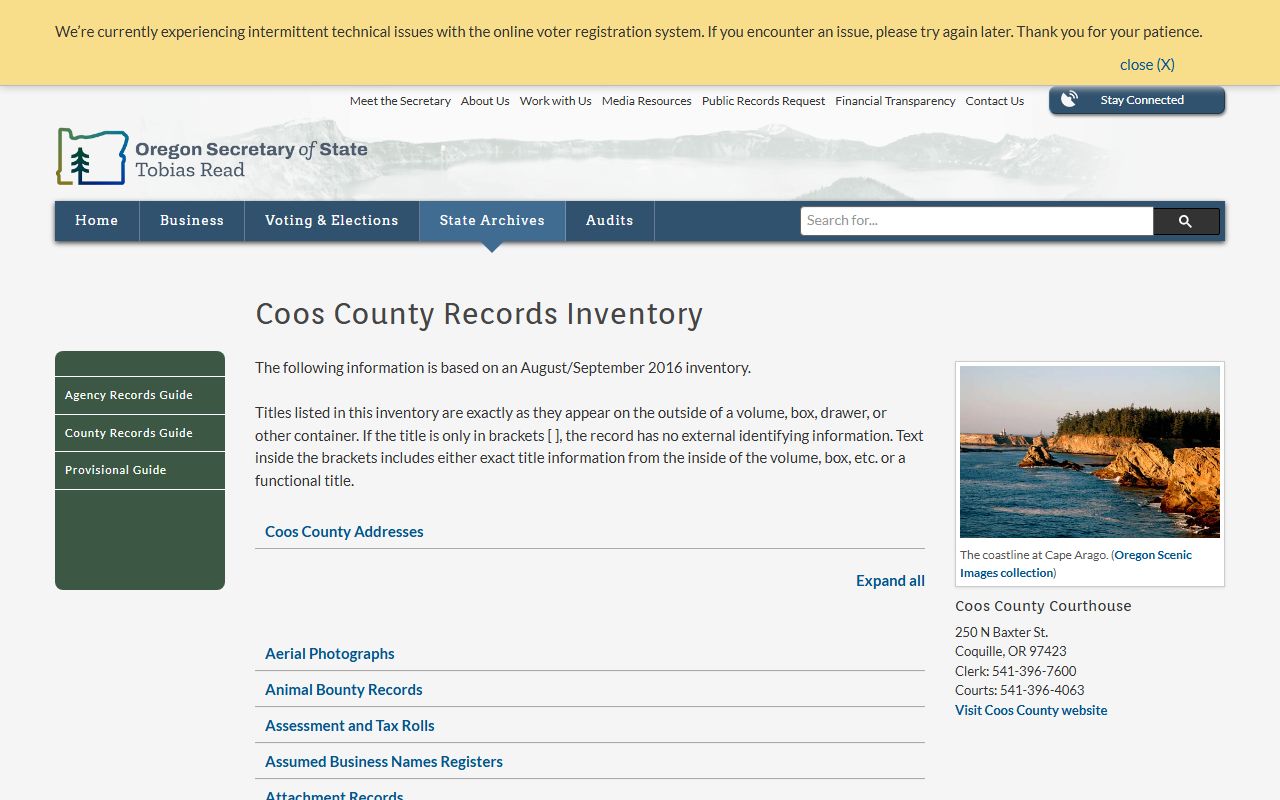 Coos County state archives obituary vital records inventory
