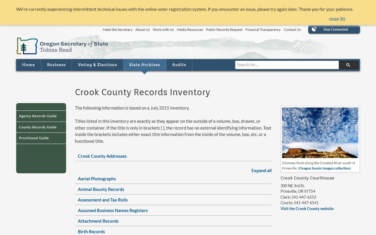 Crook County state archives obituary vital records inventory
