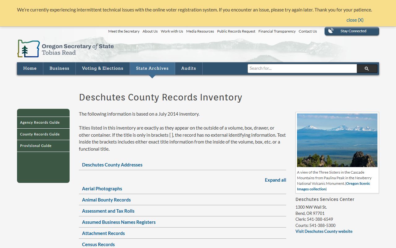 Deschutes County state archives obituary vital records