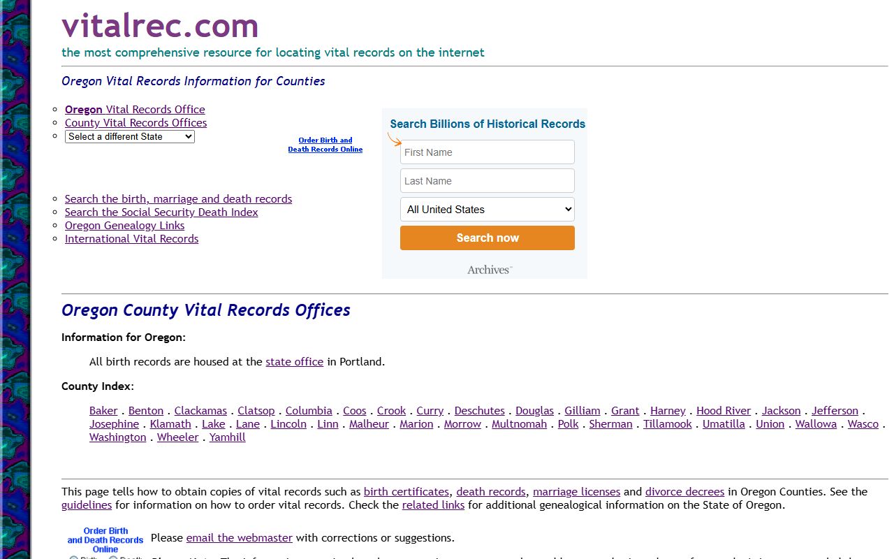 VitalRec directory page for Harney County obituary and vital records