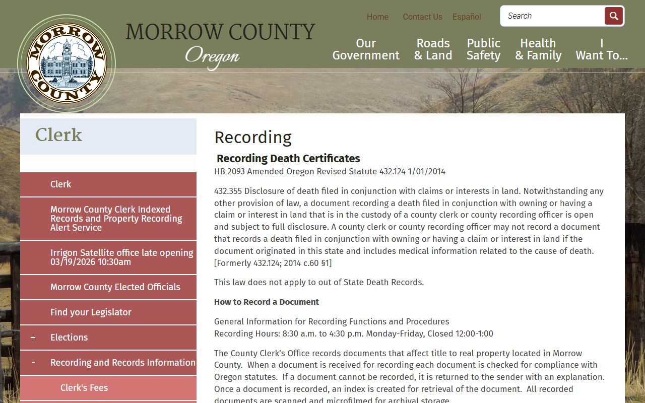 Morrow County Clerk recording office for obituary and vital records