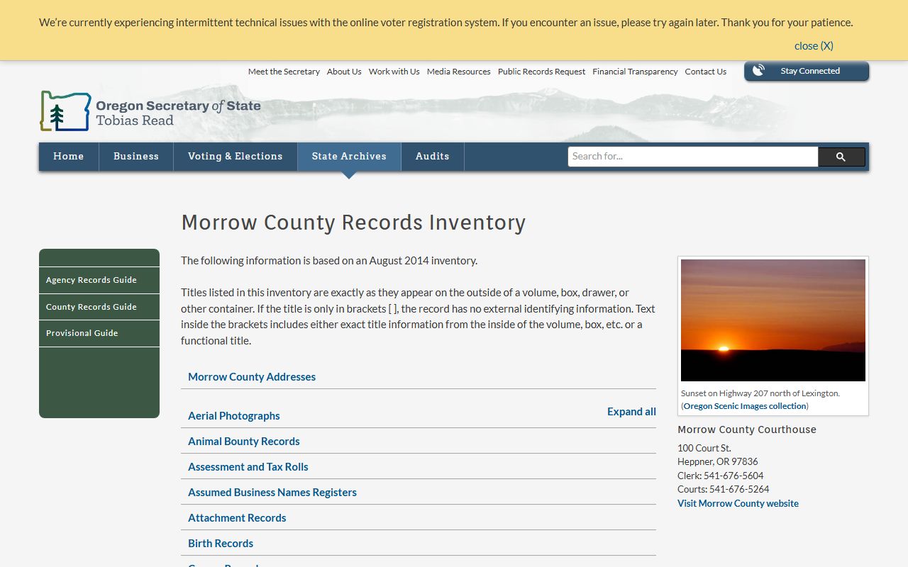 Morrow County inventory of obituary and vital records at state archives