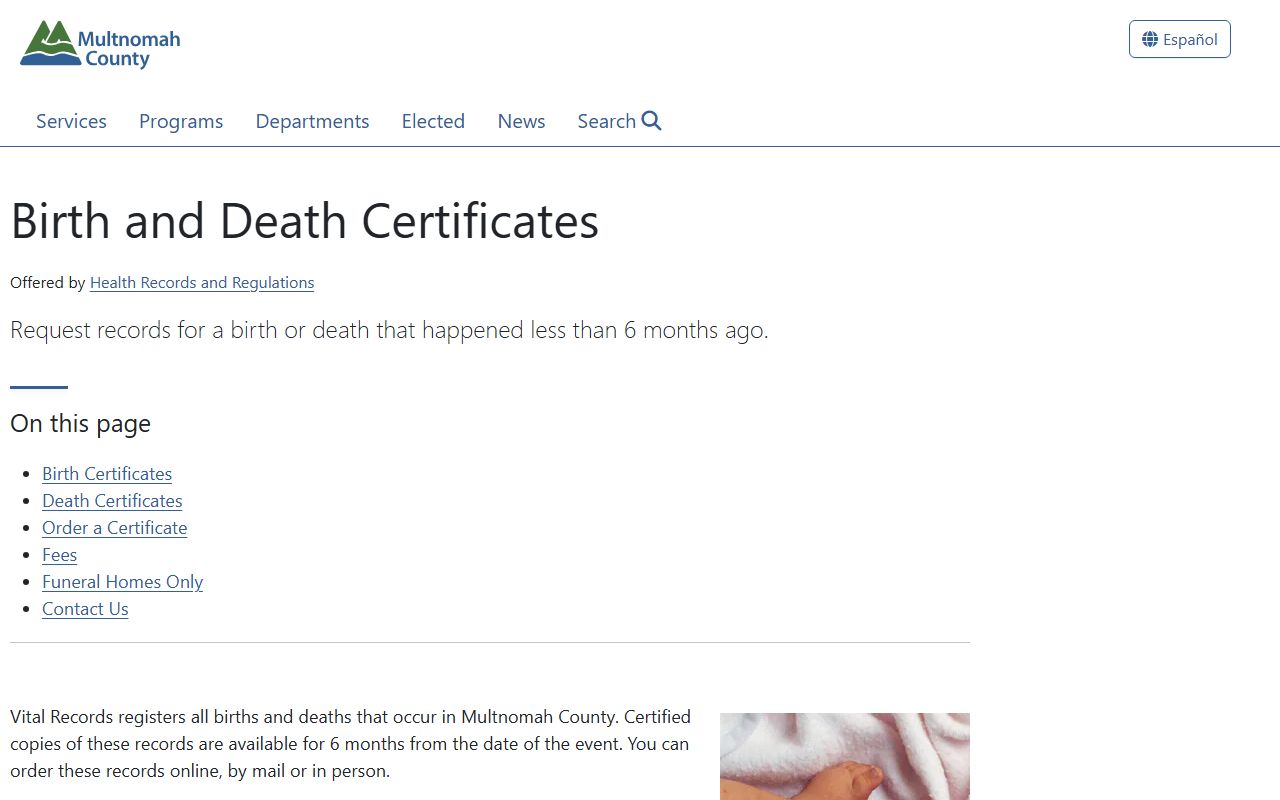 Multnomah County birth and death certificate services for obituary records