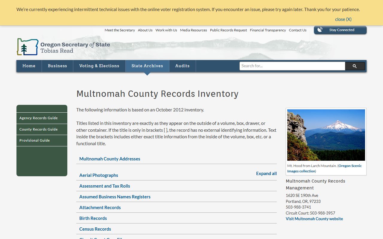 Multnomah County state archives inventory for obituary and vital records