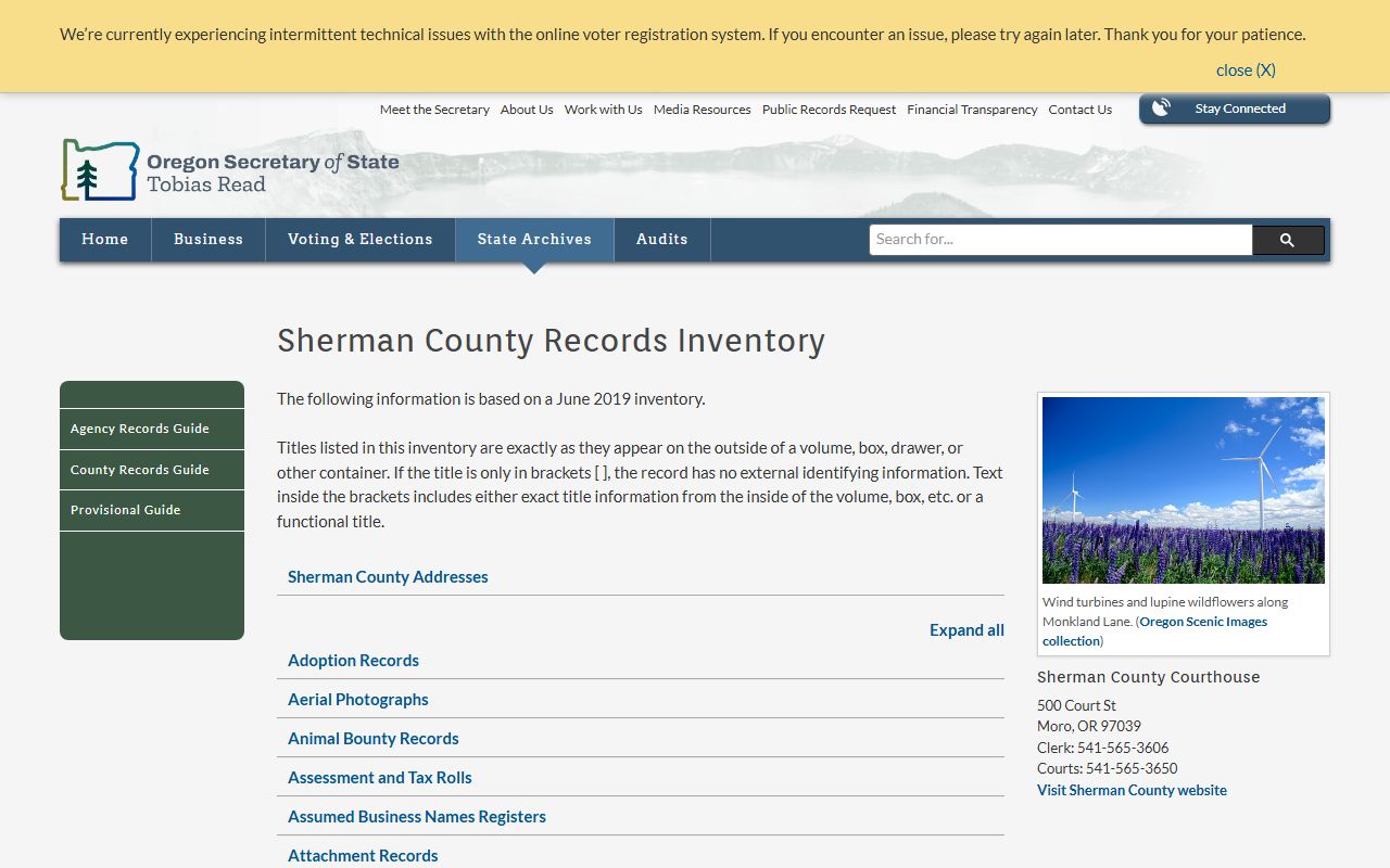 Sherman County state archives inventory for obituary and vital records
