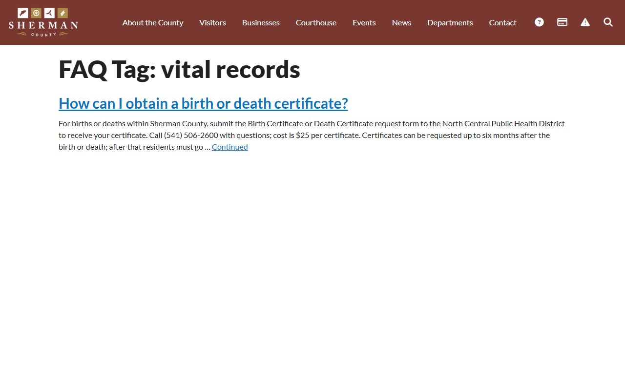 Sherman County vital records page for obituary and death certificate requests