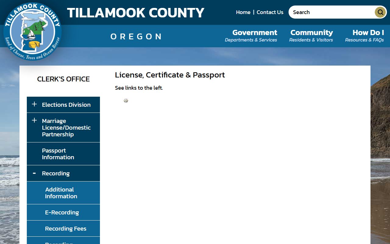 Tillamook County Clerk website for licenses certificates and vital records