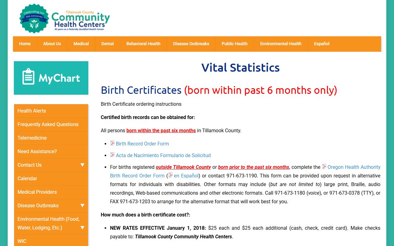 Tillamook County Community Health Centers vital statistics page for obituary and vital records