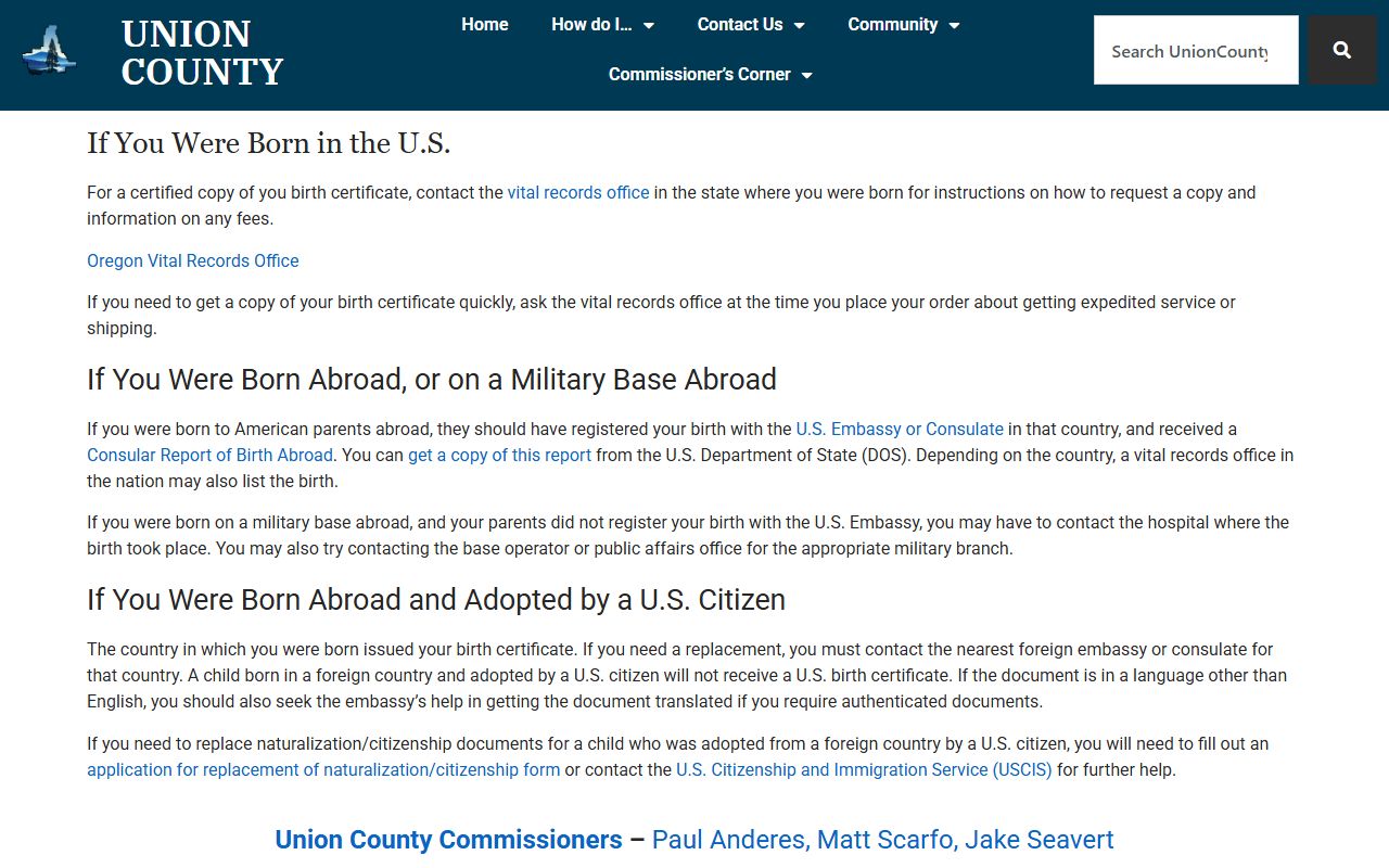 Union County Clerk website for birth certificates and vital records