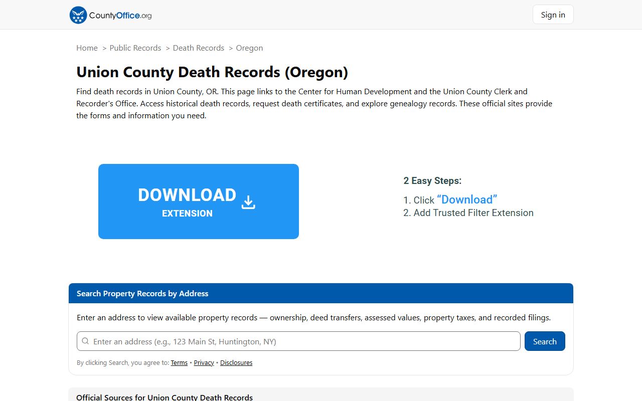 County Office directory page for Union County death records and obituary information