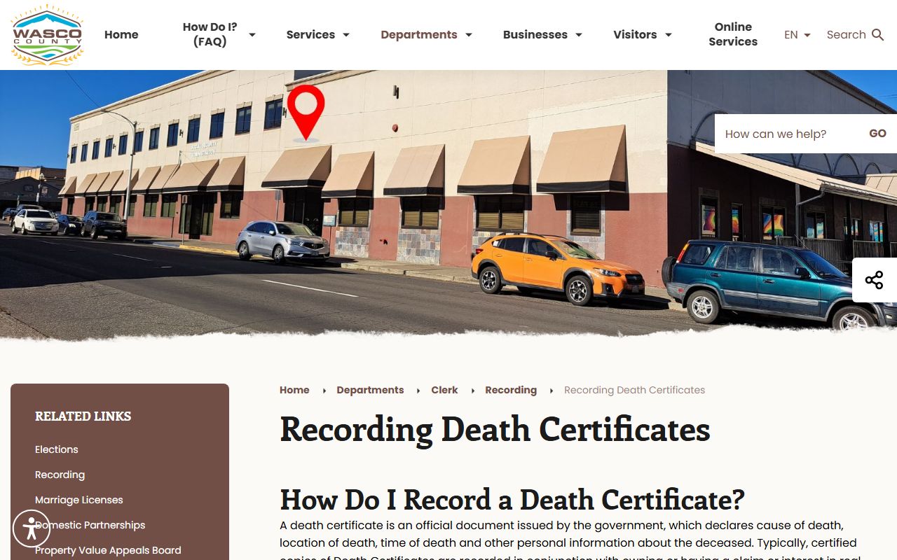 Wasco County Clerk death certificates page for obituary and vital records