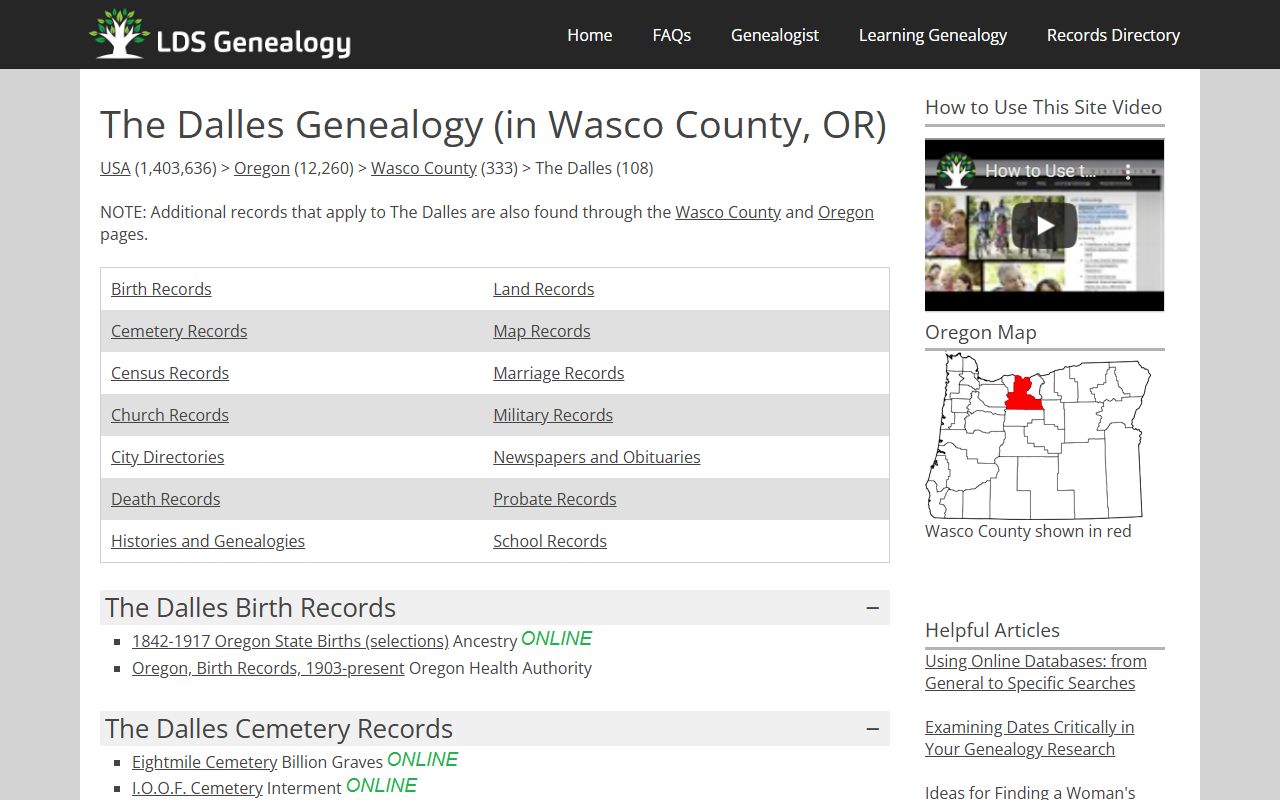 LDS Genealogy page for The Dalles Wasco County obituary and vital records