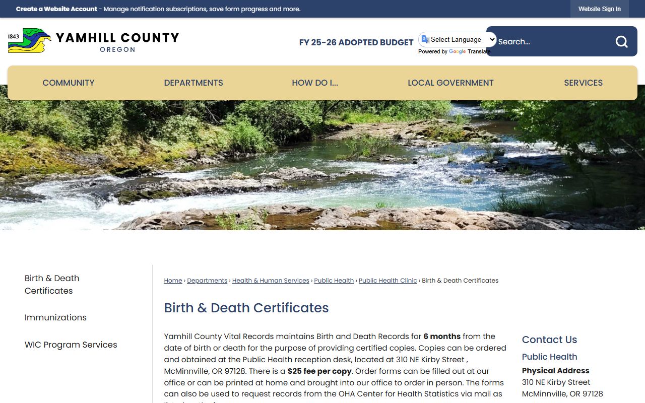 Yamhill County birth and death certificates page for obituary and vital records