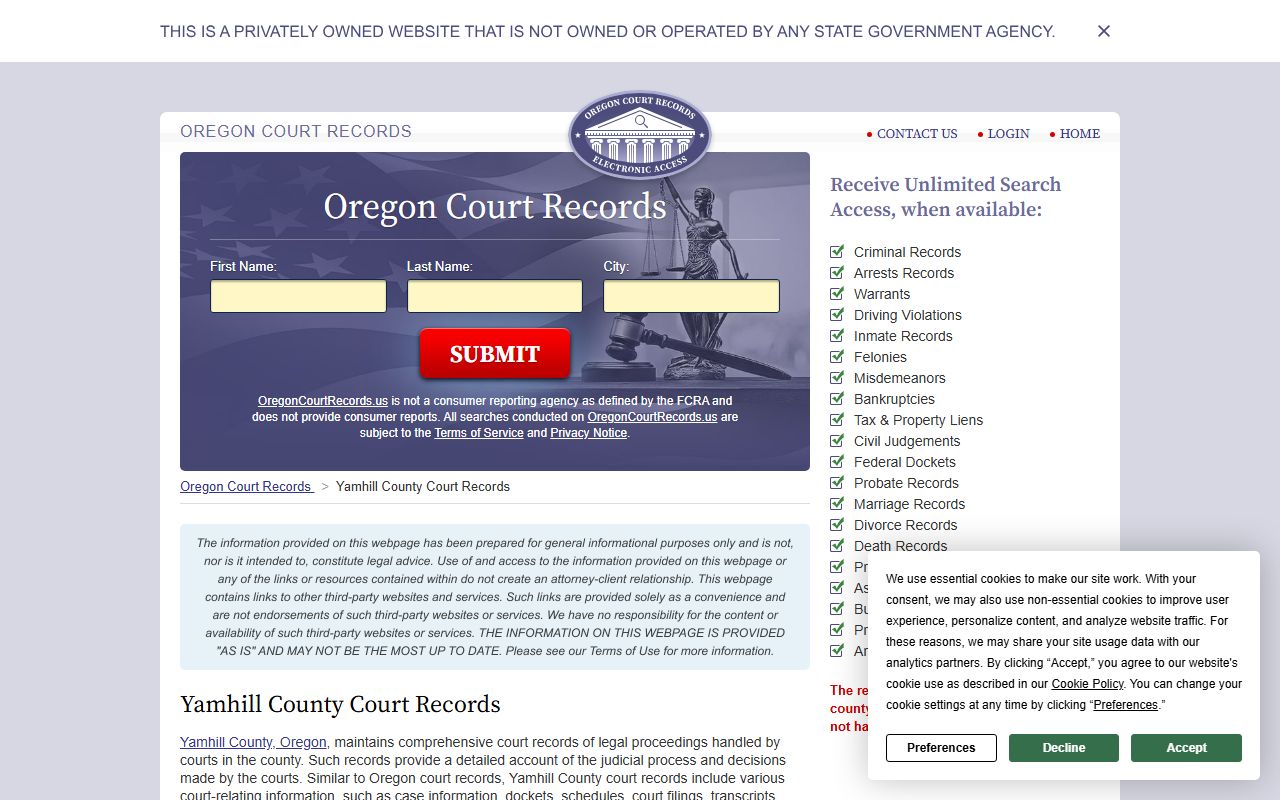Yamhill County court records page for obituary and vital records research