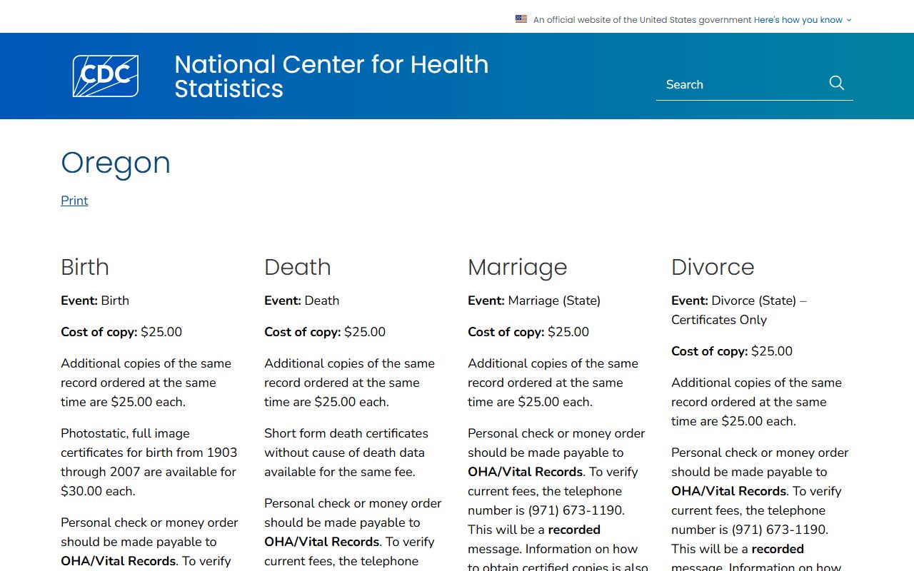 CDC Oregon vital records reference page for death certificates