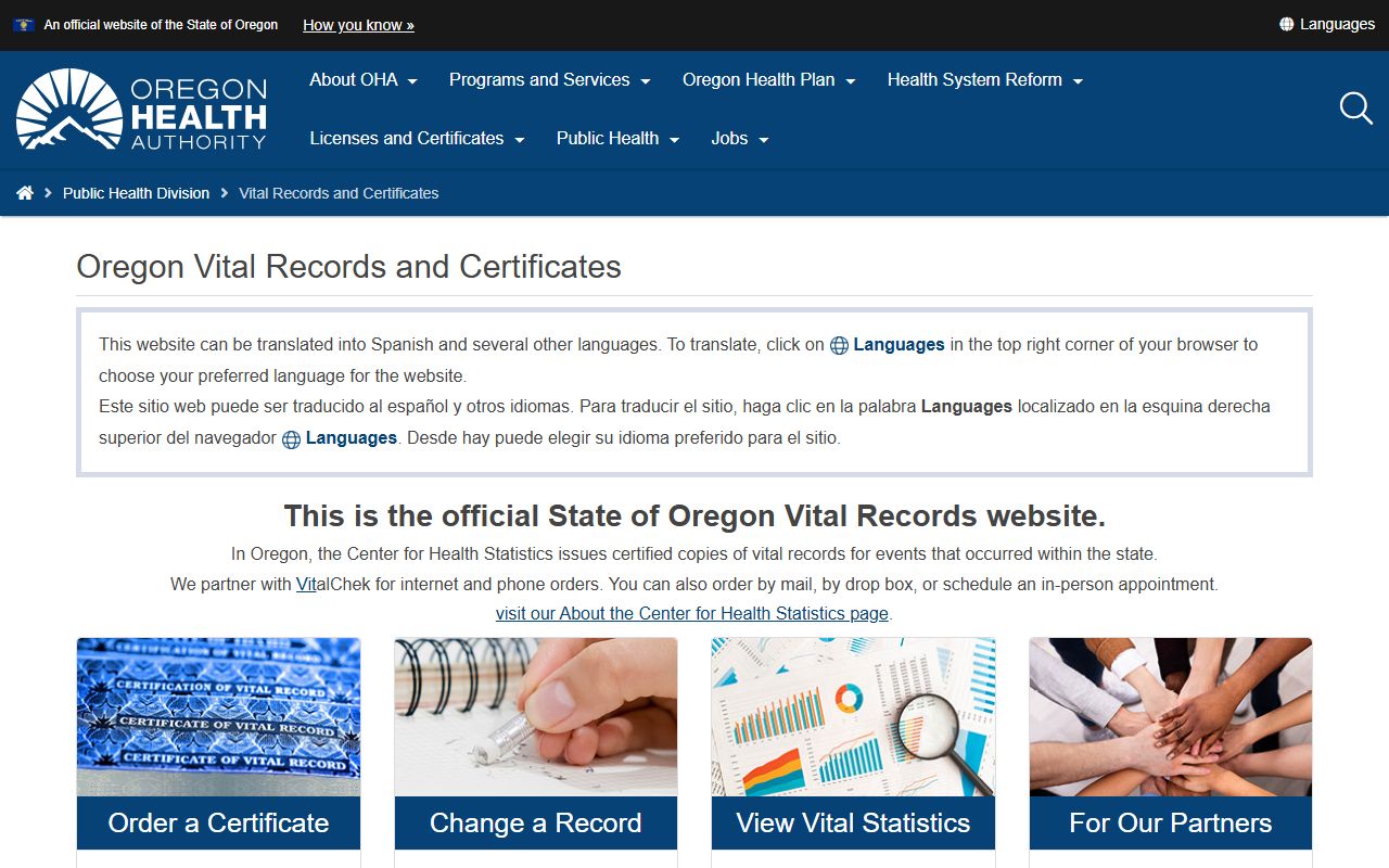 Oregon Health Authority vital records page for obituary and death certificate ordering