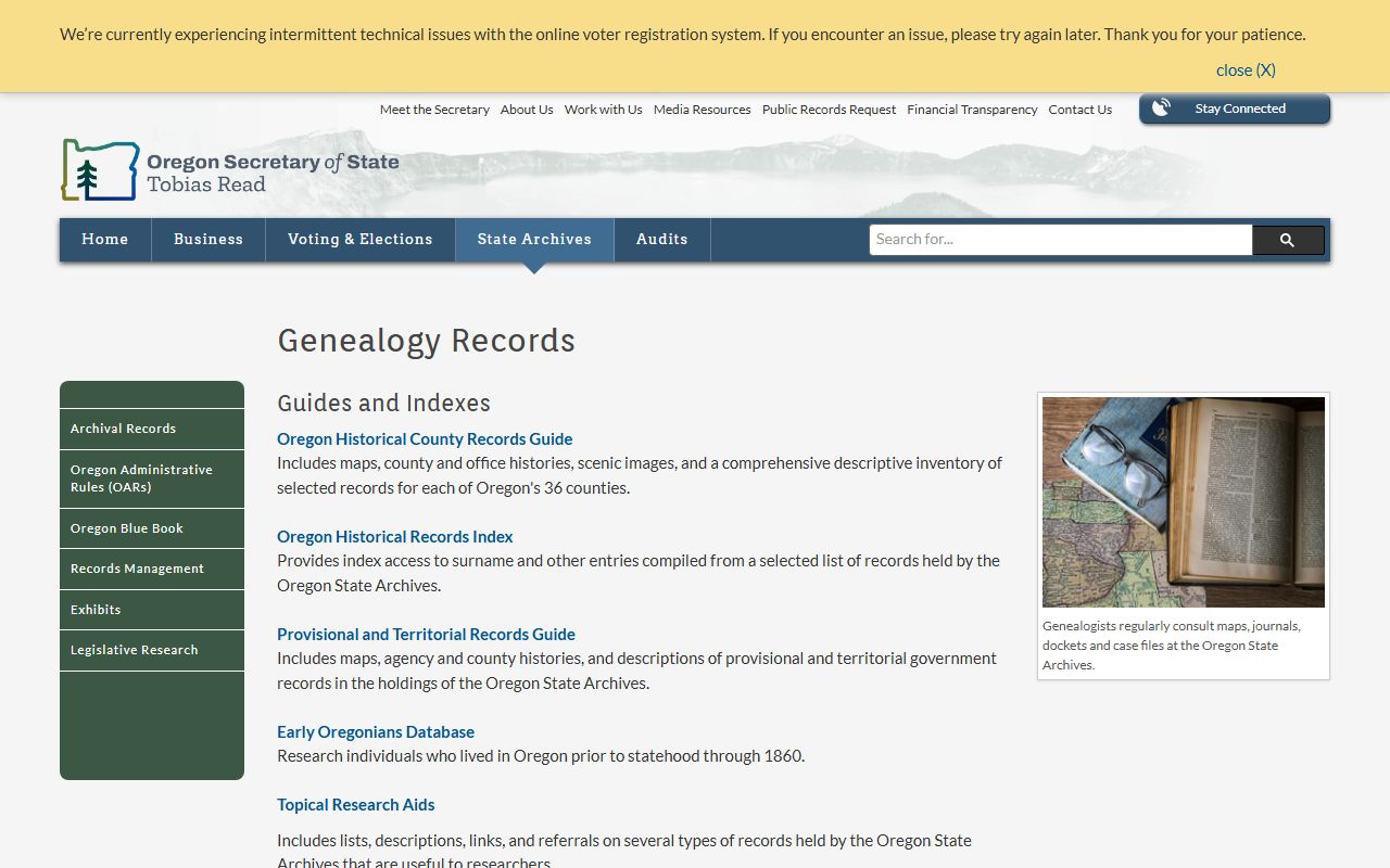 Oregon State Archives genealogy resources for obituary and death record research