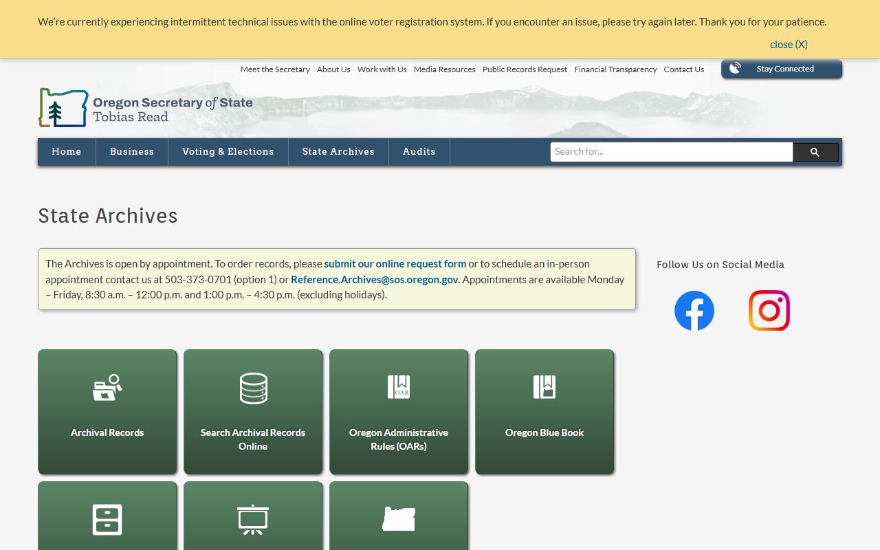 Oregon State Archives homepage for death record and obituary research