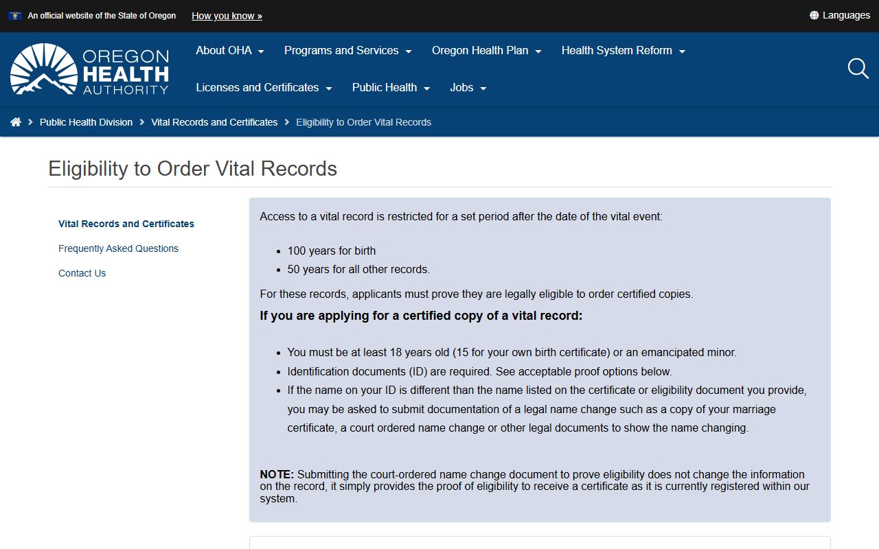 Oregon vital records eligibility requirements for death certificate access